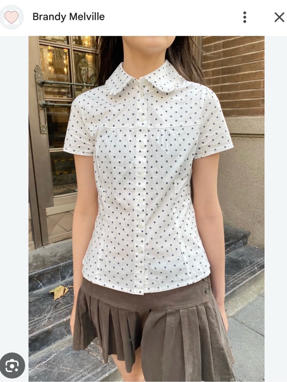 Brandy Melville White Short Sleeve Button-Down with Polka Dots